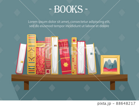 Books with retro-style covers on a wall bookshelf with a picture frame. Books with retro-style covers on a wall bookshelf with a picture frame. 88648217