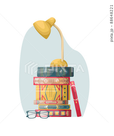 A stack of books on a table with a reading lamp...のイラスト素材 [88648221 ...
