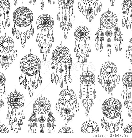 Vector seamless pattern with boho illustrations. Bohemian background. Line art, outlines. Vector seamless pattern with boho illustrations. Bohemian background. Line art, outlines. 88648257