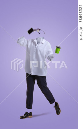 Creative artwork. Invisible woman wearing modern business style outfit and eyeglasses using smarphone on lilac background. Concept of fashion, style Creative artwork. Invisible woman wearing modern business style outfit and eyeglasses using smarphone on lilac background. Concept of fashion, style 88648522