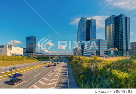 Modern buildings of hotel Crowne Plaza Copenhagen Towersand and oresundsmotorvejen highway in orestad, Copenhagen, Denmark Modern buildings of hotel Crowne Plaza Copenhagen Towersand and oresundsmotorvejen highway in orestad, Copenhagen, Denmark 88648592