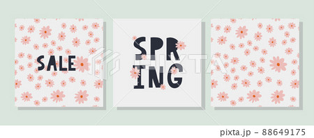 Hello Spring hand logotype, badge typography icon. Lettering spring season with leaf for greeting card, invitation template. Retro, vintage lettering banner poster template background, Sale, offer 88649175