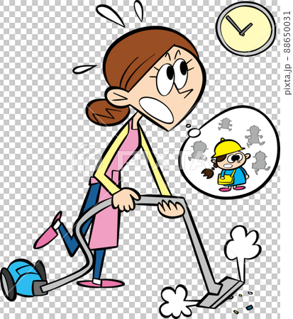 一個圍裙的女人一邊吸塵一邊關心幼兒園孩子的接送時間 88650031