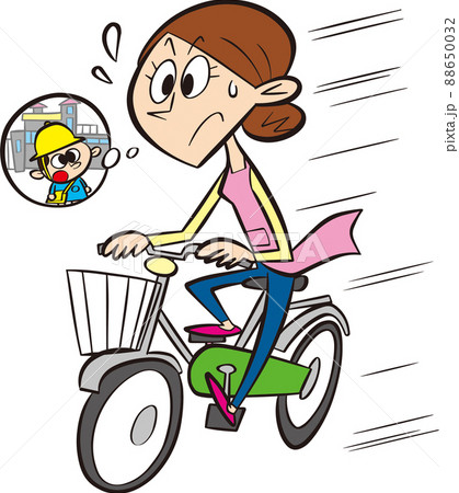 園児を思いながら自転車を一生懸命漕ぐエプロン姿の女性 園児を思いながら自転車を一生懸命漕ぐエプロン姿の女性 88650032