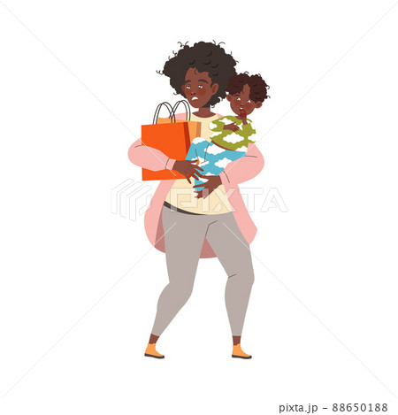 Tired Mom Holding Baby and Shopping Bag with Arms Feeling Stress and Exhaustion of Multitasking Vector Illustration 88650188