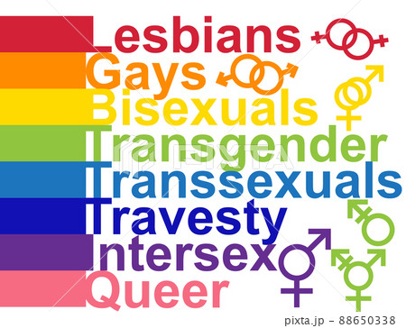 LGBT concept, motivating phrase in the colors of the rainbow. Decoding abbreviations LGBT. Lesbian, Gay, Bisexual, Transgender Transsexual, Travesty, Intersex, Queer 88650338