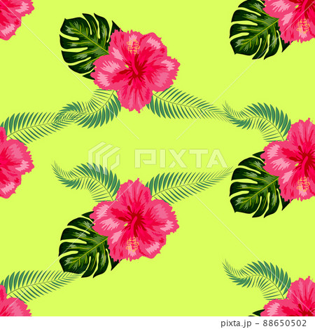 Tropical hibiscus flowers and palm leaves bouquets seamless pattern. Jungle foliage illustration with exotic plants. Summer beach floral surface design. 88650502