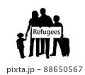 Silhouette family holds placard Refugees. 88650567