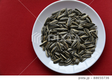 Striped sunflower seeds in a plate on red 88650736