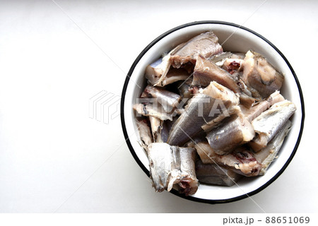 Pieces of raw Whiting fish for frying in a saucepan Pieces of raw Whiting fish for frying in a saucepan 88651069
