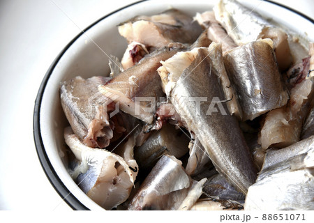 Pieces of raw Whiting fish for frying in a saucepan 88651071