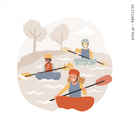 Kayaking camp isolated cartoon vector illustration. Children kayaking, canoeing adventure, rafting activity for kids, rowing team, spot summer camp, outdoor classes, education vector cartoon. 88651230