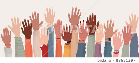 Group raised human arms and hands.Diversity multiethnic people. Racial equality. Men and women of different culture and nations. Coexistence harmony. Multicultural community integration 88651297