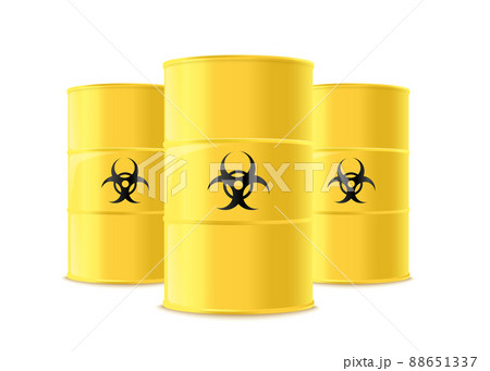 Three realistic yellow metal barrels with black biological hazard sign Three realistic yellow metal barrels with black biological hazard sign 88651337