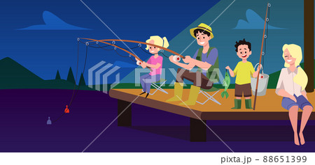 Night lake or river with family fishing from bank, flat vector illustration. 88651399