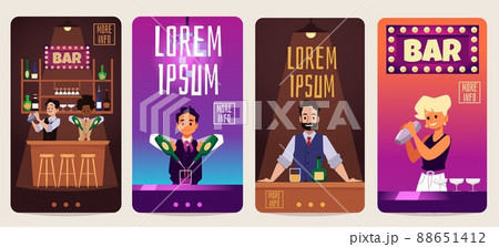 The bartender at the bar. The bartender makes a cocktail, set of vertical homepages, vector flat illustration 88651412