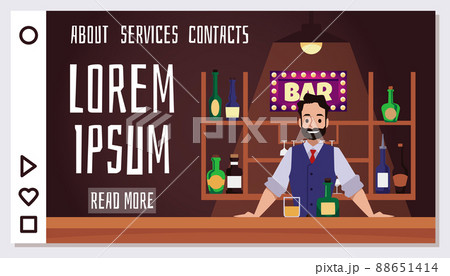 Bartender welcoming guests behind the counter, landing page template, flat vector illustration. Bartender welcoming guests behind the counter, landing page template, flat vector illustration. 88651414