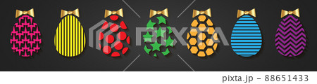 Easter egg icons. Colorful eggs set isolated on black background. Geometric design texture. Decoration Happy Easter celebration. Holiday elements pattern collection. Spring symbol Vector illustration Easter egg icons. Colorful eggs set isolated on black background. Geometric design texture. Decoration Happy Easter celebration. Holiday elements pattern collection. Spring symbol Vector illustration 88651433