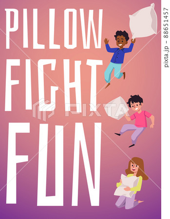 Pillow fight fun poster template with happy kids holding pillows, flat vector illustrationю Pillow fight fun poster template with happy kids holding pillows, flat vector illustrationю 88651457