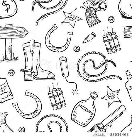 A pattern with elements of the wild West in the doodle style on a white background Vector illustration 88651468