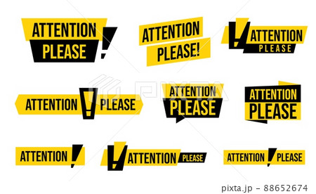 Attention please advertising badge sticker set. Important message, warning frame with exclamation point design. Important word, danger announcements information vector illustration isolated on white Attention please advertising badge sticker set. Important message, warning frame with exclamation point design. Important word, danger announcements information vector illustration isolated on white 88652674