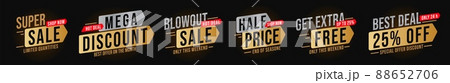 Sale sticker with super mega blowout discount offer. Get extra free and half price clearance special promotion tag. Limited in time and quantity hot deal label. Black and gold vector sticker 88652706