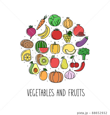 Round banner with color vegetables, fruits and berries icons. Design for market and store, vector illustration 88652932