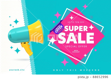 Banner template announcing super sale mega weekend discount. Loud speaker promoting limited special offer only week price off up to 70 percent design vector illustration. Advertisement concept 88652996