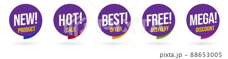 Different sale badge, label, tag with special advertisement. New product, hot sale, best offer, free delivery, mega discount promotion announcement speech bubble vector illustration isolated on white Different sale badge, label, tag with special advertisement. New product, hot sale, best offer, free delivery, mega discount promotion announcement speech bubble vector illustration isolated on white 88653005