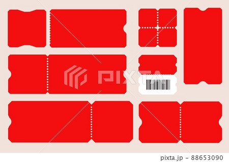 Blank ticket empty red tear-off coupon template with barcode. Mockup design for concert ticket stub, lottery coupon, store discount set vector illustration isolated on white background Blank ticket empty red tear-off coupon template with barcode. Mockup design for concert ticket stub, lottery coupon, store discount set vector illustration isolated on white background 88653090