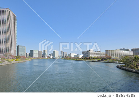 東京都隅田川テラスと越中島公園の風景 東京都隅田川テラスと越中島公園の風景 88654588