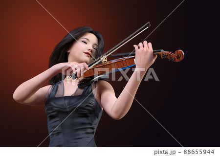 目を閉じて気持ちを込めてバイオリンを演奏する黒いドレスを着た女性ヴァイオリニスト 88655944