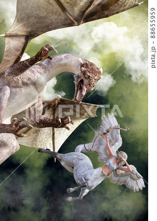 恐ろしいドラゴンと戦う大きな翼を生やした勇敢なケンタウロスが弓矢を引く 88655959