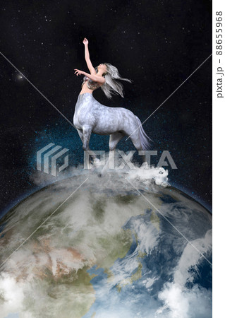 地球の上に幻想的に佇む星と光をまとった綺麗なケンタウロス 88655968