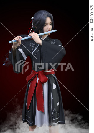 若い女忍者が装飾のついた水色の横笛を煙の舞う暗闇で華麗に演奏する 若い女忍者が装飾のついた水色の横笛を煙の舞う暗闇で華麗に演奏する 88655979