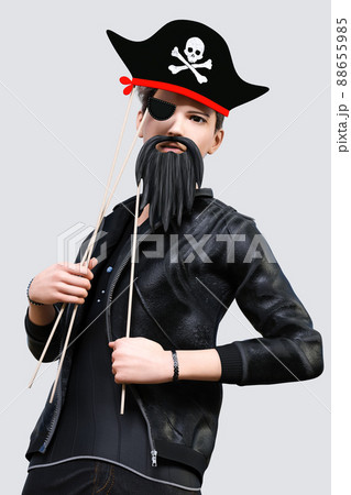 海賊船の船長風のフォトプロップスを頭と顔につけて写真を撮る黒いレザーのジャケットを着た男の子 88655985