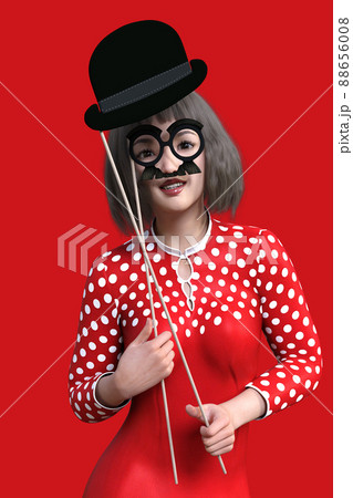 ヒゲのついた丸メガネと丸い帽子のフォトプロップスを持った赤い水玉模様のワンピースを着て写真撮影をする 88656008