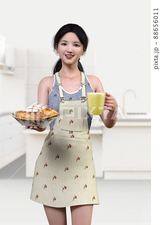 美味しそうなパンやキッシュをお皿にの出てコーヒーと一緒に運ぶエプロンをつけた若い女性 美味しそうなパンやキッシュをお皿にの出てコーヒーと一緒に運ぶエプロンをつけた若い女性 88656011