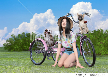 ピンクの自転車の前後のカゴにブルドッグとフレンチブルドッグを乗せて緑の芝生の上で座って空を見上げる女 88656082
