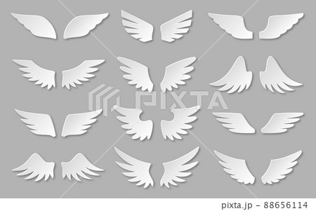 Angel wing papercut sticker white flat set. Freedom flight logo open motion bird feather. Heraldic emblem badge handicraft 3d effect vintage badge announcement postcard website handicraft isolated Angel wing papercut sticker white flat set. Freedom flight logo open motion bird feather. Heraldic emblem badge handicraft 3d effect vintage badge announcement postcard website handicraft isolated 88656114