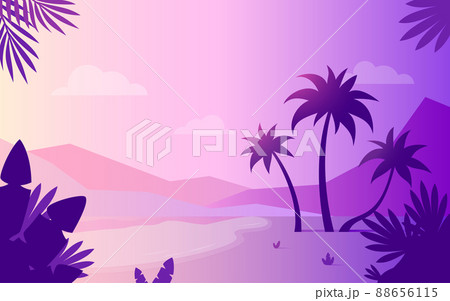 Tropic palm tree background purple flat wallpaper. Dense summer foliage forest landscape horizontal fantastic scene. Subtropical poster tourism company profile screen saver exotic country travel site 88656115