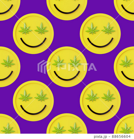 Stoned smiles with weed leaf eyes. Medical marijuana, home growing, recreational marijuana concept Stoned smiles with weed leaf eyes. Medical marijuana, home growing, recreational marijuana concept 88656604