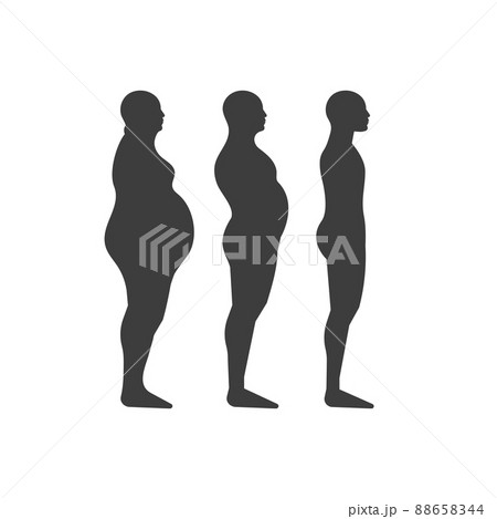 Process of losing weight. Three male black silhouettes isolated on white background Process of losing weight. Three male black silhouettes isolated on white background 88658344