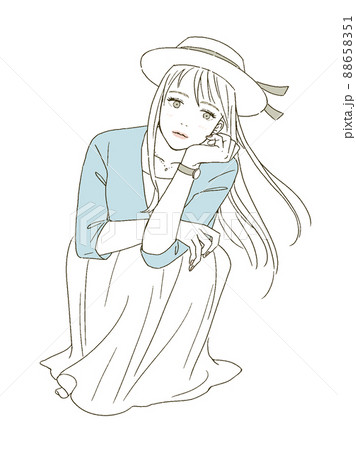 ビューティー　帽子をかぶってしゃがむ女性のイラストレーション 88658351