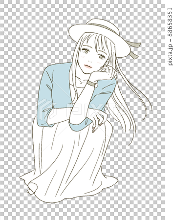ビューティー　帽子をかぶってしゃがむ女性のイラストレーション 88658351