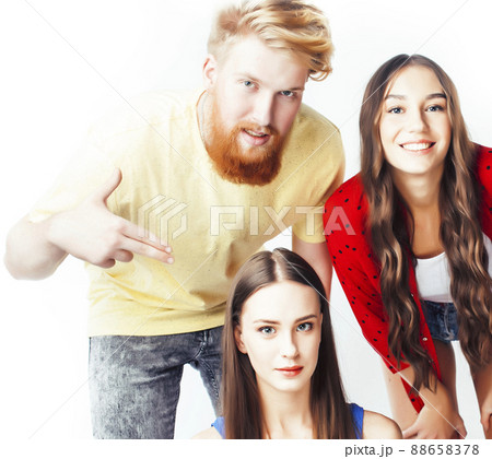 company of hipster guys, bearded red hair boy and girls students having fun together friends, diverse fashion style, lifestyle people concept isolated on white background company of hipster guys, bearded red hair boy and girls students having fun together friends, diverse fashion style, lifestyle people concept isolated on white background 88658378