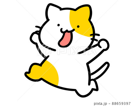無邪気に飛び跳ねるかわいいねこのキャラクターの手書き風イラストの