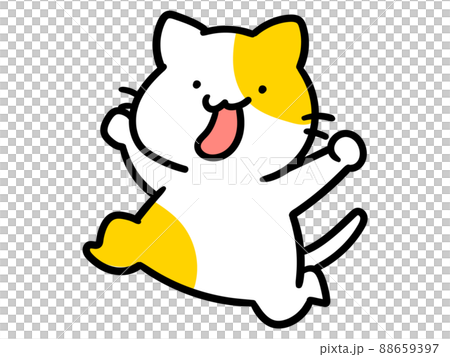 無邪気に飛び跳ねるかわいいねこのキャラクターの手書き風イラストの