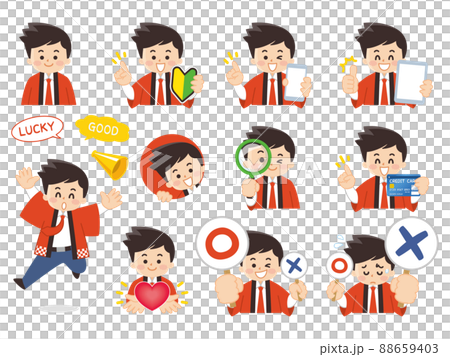 穿著快樂外套的活動工作人員的男性變體姿勢 穿著快樂外套的活動工作人員的男性變體姿勢 88659403