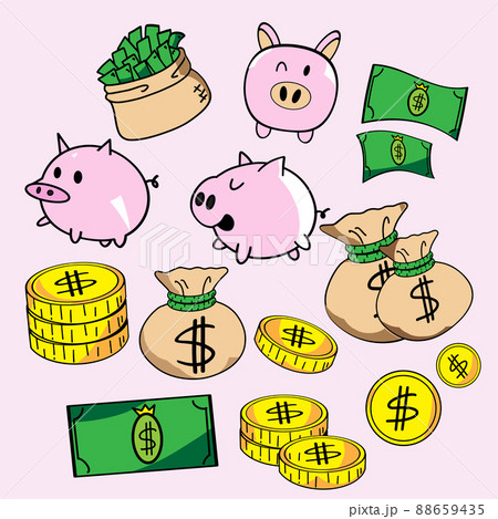The piggy bank and money bundle set vector image 88659435